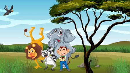 Illustration of a group of animals near a treeのイラスト素材