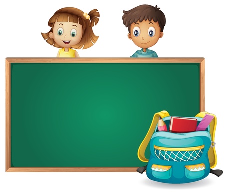 illustration of kids and a green board on a white backgroundのイラスト素材