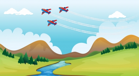 Illustration of flying airplains and a beautiful landscapeのイラスト素材