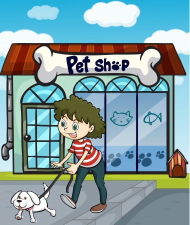 Illustration of a smiling girl with dog and a pet shopのイラスト素材