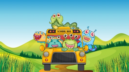 illustration of smiling monsters and school busのイラスト素材