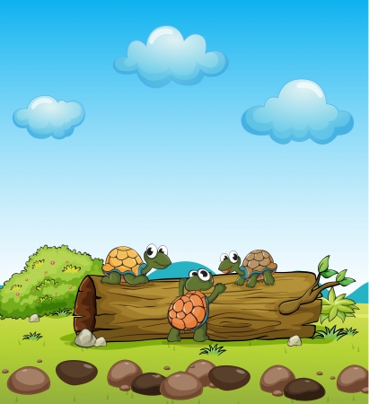 Illustration of smiling turtles on a dry woodのイラスト素材