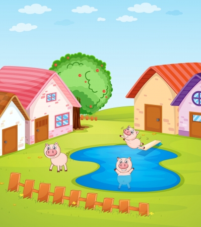 Illustration of pigs and housesのイラスト素材