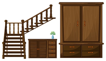 Illustration of a stair and wooden furnitures on a white backgroundのイラスト素材