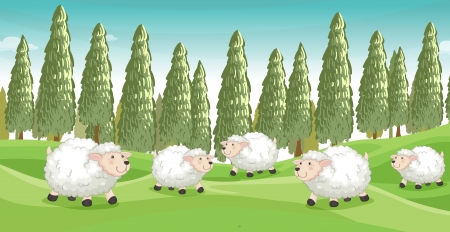 Illustration of smiling sheeps in a beautiful natureのイラスト素材