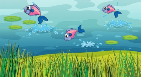 Illustration of a fish in a river and a beautiful landscapeのイラスト素材