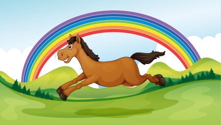 Illustration of a smiling and jumping horse and a rainbowのイラスト素材