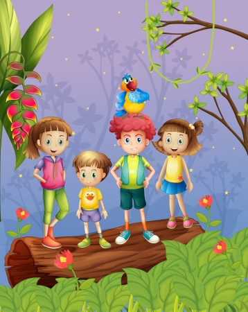 Illustration of four children with one colorful parrot in the forestのイラスト素材