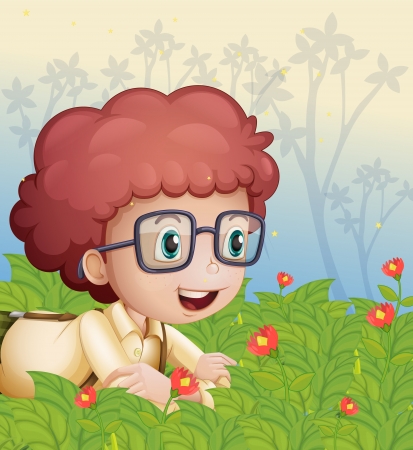 Illustration of a young boy crawling in the gardenのイラスト素材