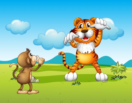 Illustration of a wild tiger and a cute monkeyのイラスト素材