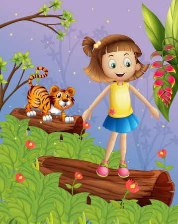 Illustration of a girl and a tiger in the forestのイラスト素材