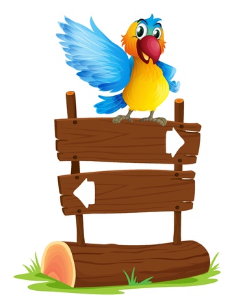 Illustration of a colorful bird and the signboard on a white backgroundのイラスト素材