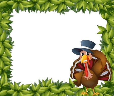 Illustration of a turkey and the leafy frame on a white backgroundのイラスト素材