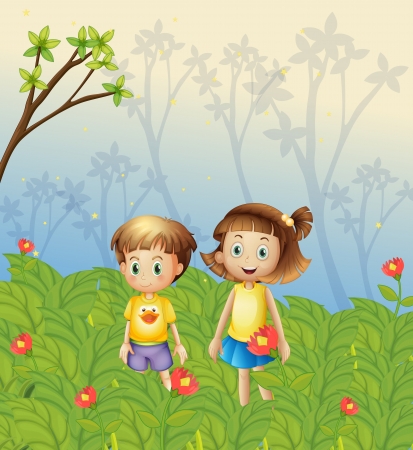 Illustration of a girl and a boy in the gardenのイラスト素材