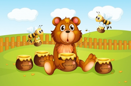 Illustration of a bear and bees inside a fenceのイラスト素材