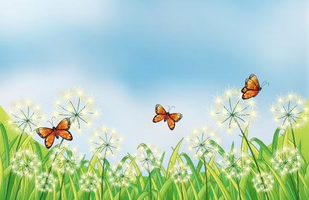 Illustration of the orange butterflies in the gardenのイラスト素材