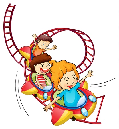 Illustration of three children riding in a roller coaster on a white backgroundのイラスト素材