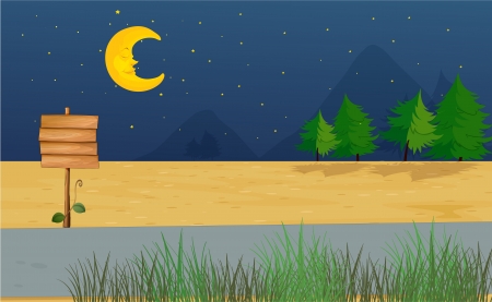 Illustration of a moon and a wooden notice board in a dark nightのイラスト素材