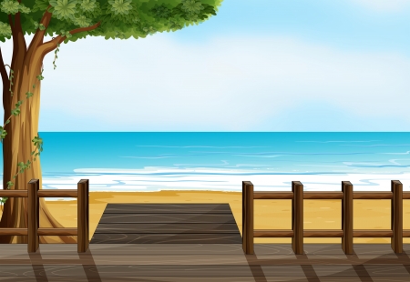 Illustration of a wooden bench on a beachのイラスト素材