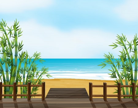 Illustration of a wooden bench on a beachのイラスト素材