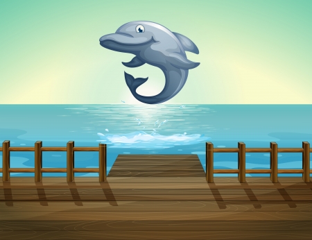 Illustration of a jumping dolphin and sea portのイラスト素材