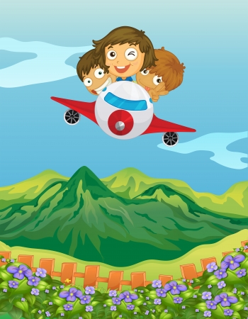 Illustration of kids and an airplane in a beautiful natureのイラスト素材