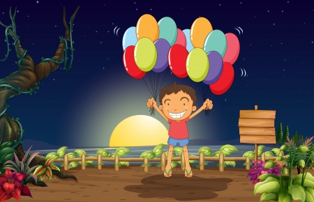Illustration of a boy and a notice board in a dark nightのイラスト素材