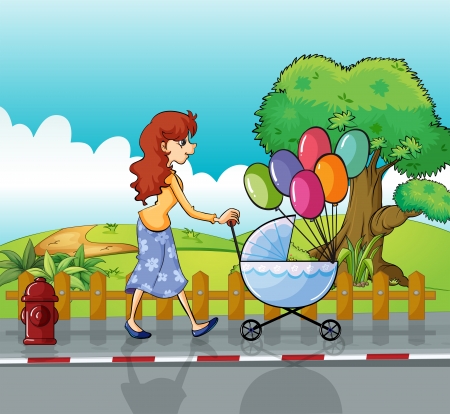 Illustration of a woman and baby pramのイラスト素材