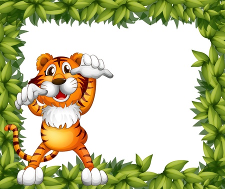 Illustration of a tiger and plant frame on a white backgroundのイラスト素材