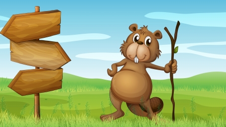 Illustration of a beaver holding a wood beside a wooden signboardのイラスト素材