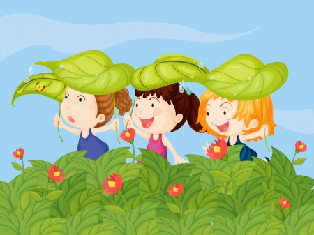 Illustration of three little kids playing in the gardenのイラスト素材