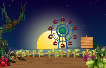 Illustration of a round swing and a notice board in a dark nightのイラスト素材