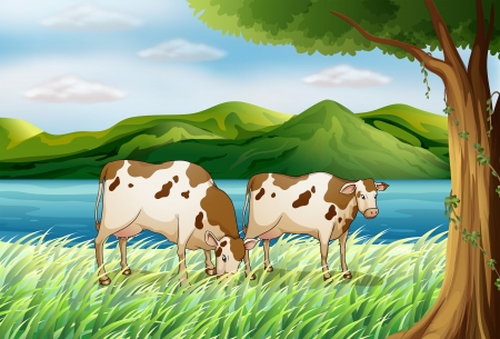 Illustration of a cow and a beautiful landscapeのイラスト素材