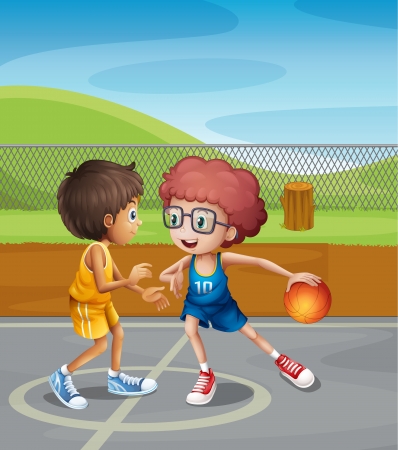 Illustration of two boys playing basketball at the courtのイラスト素材