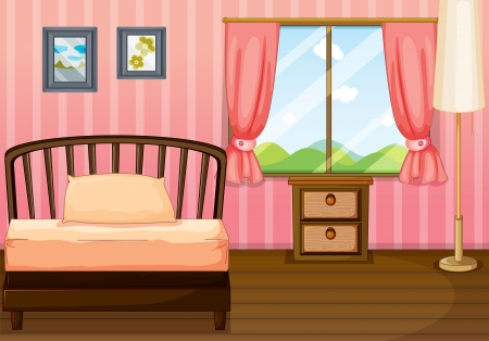 Illustration of a bed, a lamp and a side table in a roomのイラスト素材