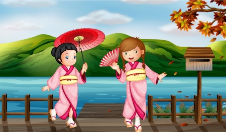 Illustration of girls wearing a kimono attireのイラスト素材