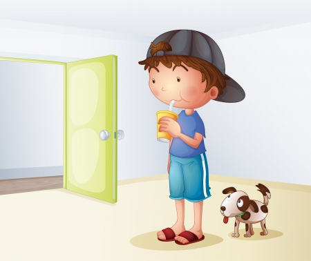 Illustration of a boy drinking beside his dog on a white backgroundのイラスト素材