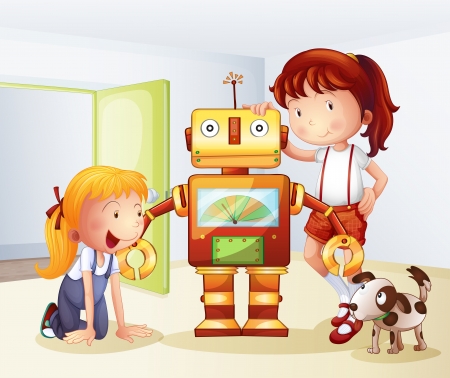 Illustration of two girls, a dog and a robot on a white backgroundのイラスト素材