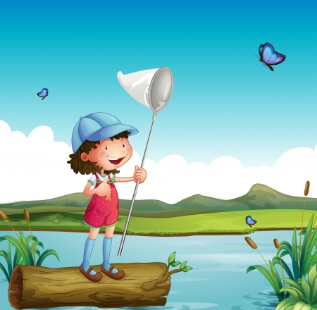 Illustration of a girl catching butterfly and a riverのイラスト素材