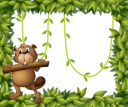 Illustration of a rabbit and plant frame on a white backgroundのイラスト素材