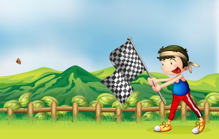 Illustration of a boy holding flag and a beautiful nature backgroundのイラスト素材