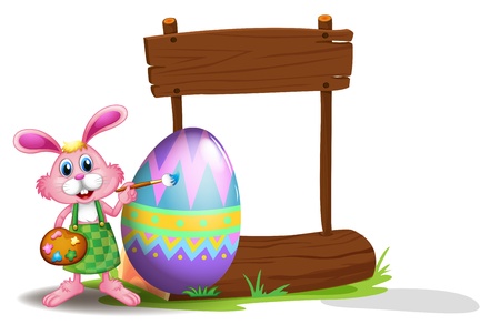 Illustration of a bunny painting and an empty signboard on a white backgroundのイラスト素材