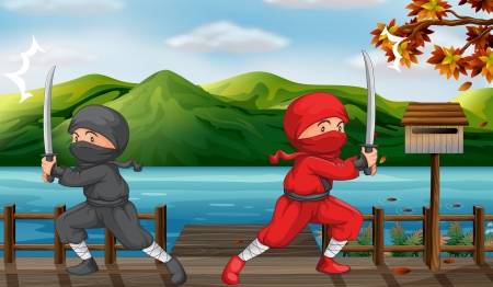 Illustration of two ninjas in the bridgeのイラスト素材