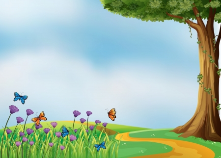 Illustration of butterflies and a beautiful natureのイラスト素材