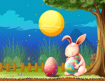 Illustration of a bunny in the fence with two easter eggsのイラスト素材