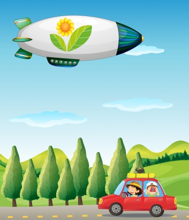 Illustration of a car in the road and a spaceshipのイラスト素材