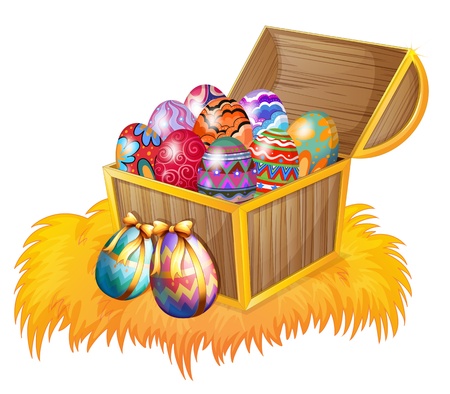 Illustration of a wooden box with easter eggs on a white backgroundのイラスト素材