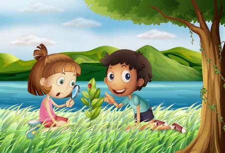 Illustration of kids near the river with a magnifying glassのイラスト素材