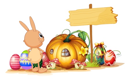 Illustration of a rabbit, easter eggs, a pumpkin and an empty signboard on a white backgroundのイラスト素材