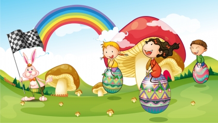 Illustration of a bunny and kids with easter eggsのイラスト素材